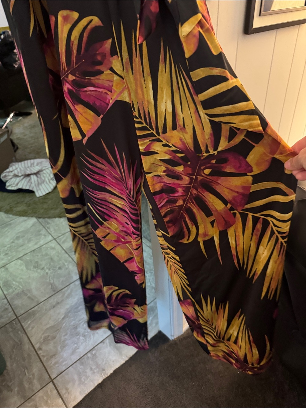 Attitudes by Renee Tropical jumpsuit- Black with Yellow & Magenta Leaf Print - Picture 3 of 6